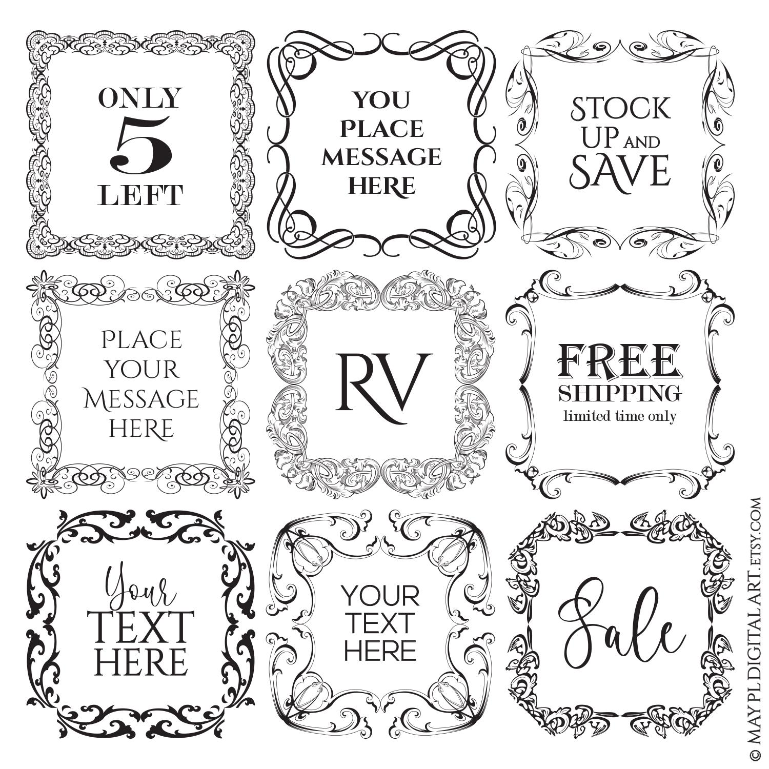 Black Square Frames Clipart, Ornate Foliage Swirls Border Corners - Vintage Page and Tag Decoration 11101