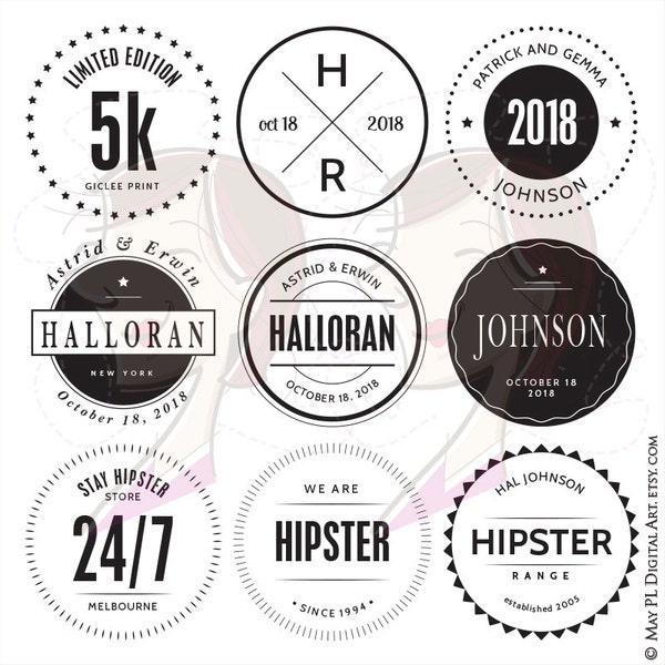 DIY Business Logo Branding Stamp Frames Digital Wedding Monogram Hipster Label Tags VECTOR Clipart Black Circle Frames Commercial Use 10198