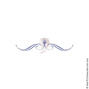 May include: A blue decorative flourish with a stylised floral design in the centre.