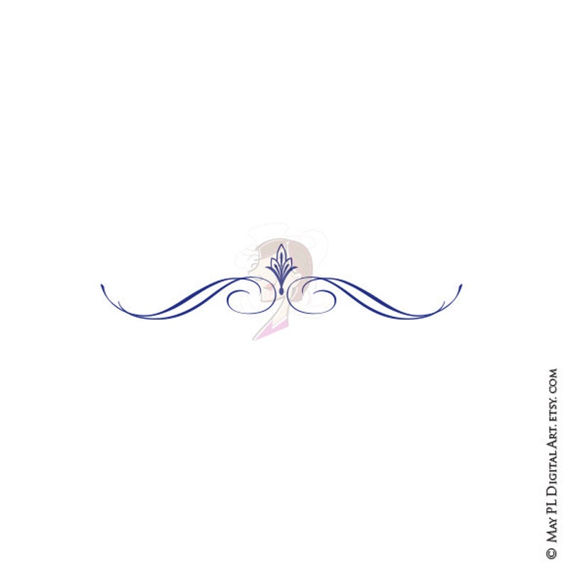 May include: A blue decorative flourish with a stylised floral design in the centre.