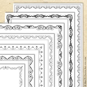 Schwarze Seiten Dekor Einfache Borders Clip Art - Vintage 8x11 Rahmen Botanische Wirbel Digitaler Download für DIY-Zertifikat, Diplom, Award 10847