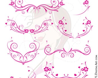 Flourish Swirls Clipart Hot Pink Floral VECTOR Decorative Flower Curls Scrapbook Craft Page Decoration DIY Wedding Invitation 10344