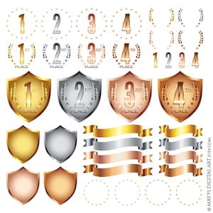 Clipart scudo corona di alloro, grafica di medaglie trofeo - oro argento bronzo rame 1° 2° 3° 4° posto premio premio 10835