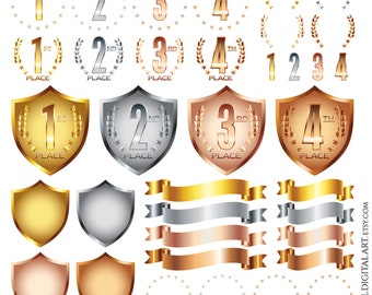 Laurel Wreath Shield Clipart, Medals Trophy Achievement Graphics - Gold Silver Bronze Copper 1st 2nd 3rd 4th Place Award Prize 10835