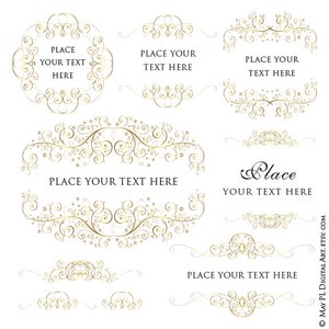 S'épanouir Clip Art or cadre bordures cadres pour mariage numérique Clipart tourbillons faire-parts bricolage enregistrer les éléments de conception élégants 10635
