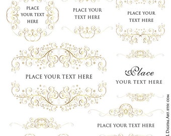 Marcos dorados con bordes y clip art para bodas, imágenes prediseñadas digitales, remolinos, invitaciones para guardar la fecha, elementos de diseño elegantes 10635