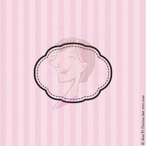 May include: A pink and white striped background with a black and white outline of a woman's face in a cloud-shaped frame.