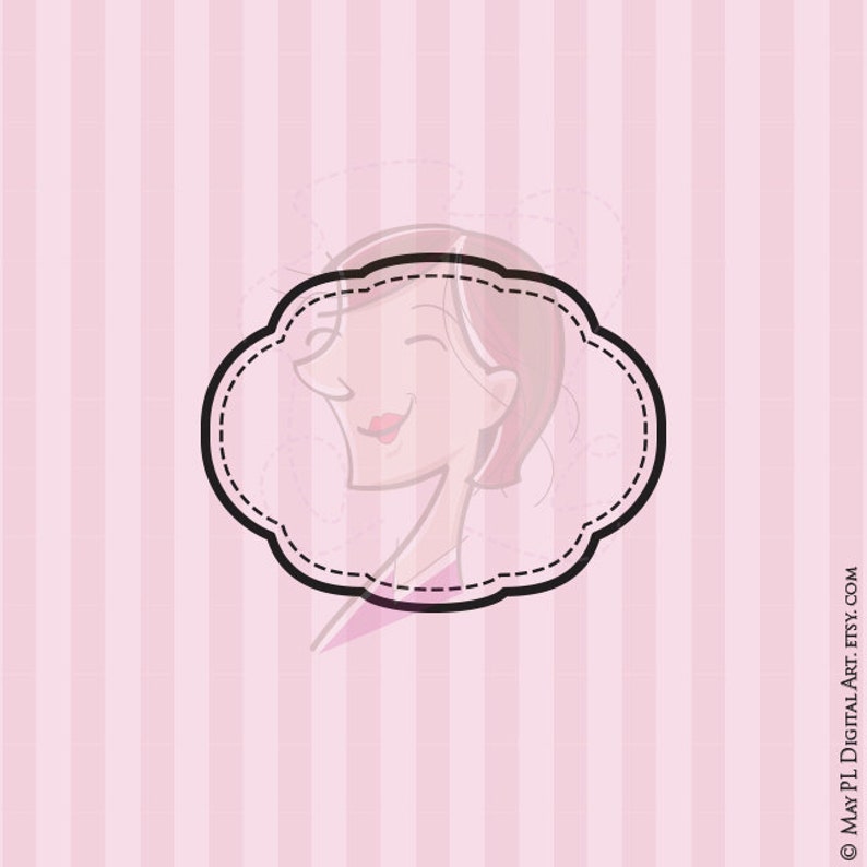 May include: A pink and white striped background with a black and white outline of a woman's face in a cloud-shaped frame.