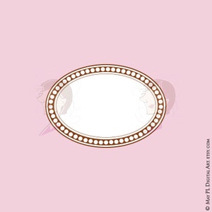 May include: A brown oval frame with a white background and a decorative border of small brown circles. The frame is surrounded by a pink background.
