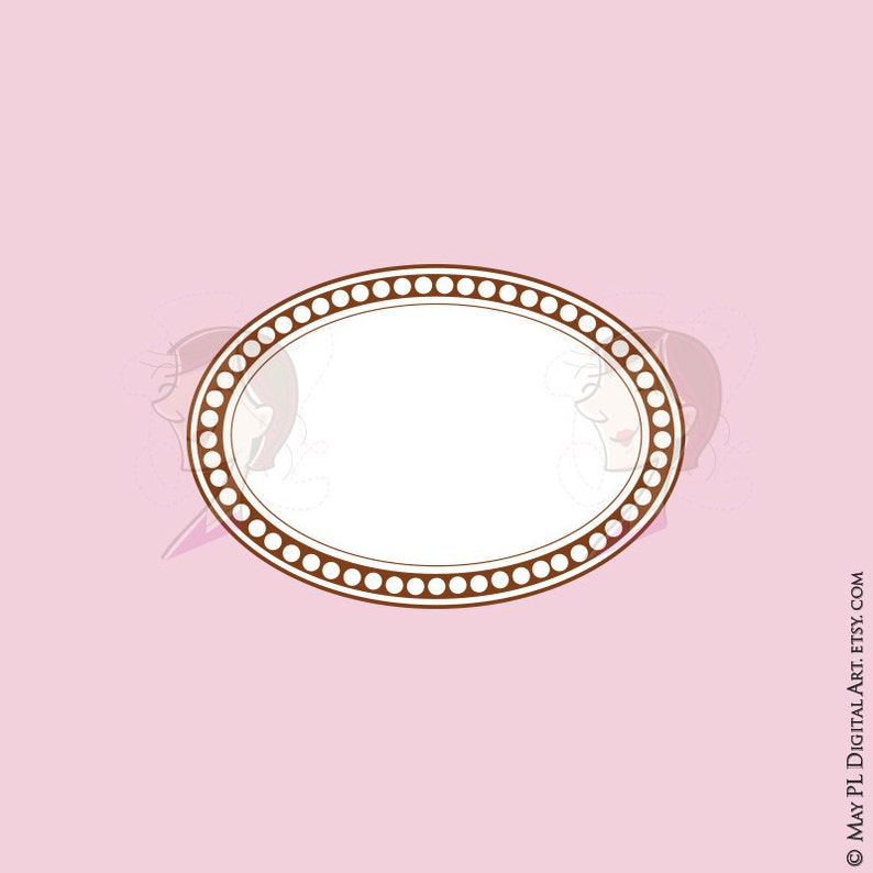 May include: A brown oval frame with a white background and a decorative border of small brown circles. The frame is surrounded by a pink background.