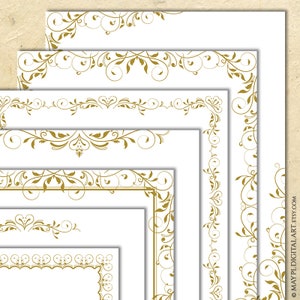 May include: Set of five gold ornate borders on a white background. The borders are different sizes and feature a swirling floral design.