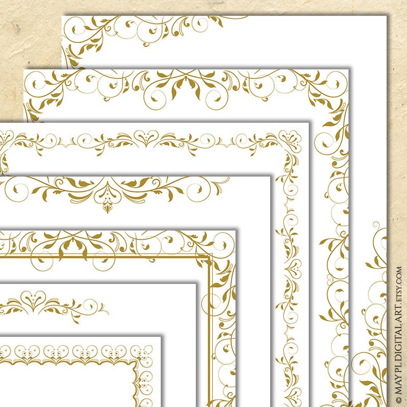 May include: Set of five gold ornate borders on a white background. The borders are different sizes and feature a swirling floral design.