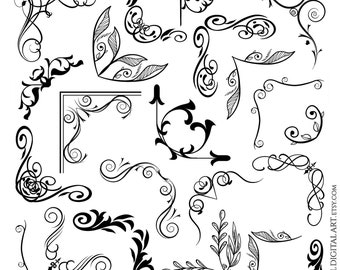Imágenes prediseñadas de bordes digitales con florituras en esquinas - Adornos vintage con remolinos, caligrafía, decoración de página negra, descarga instantánea (Etsy 10845)