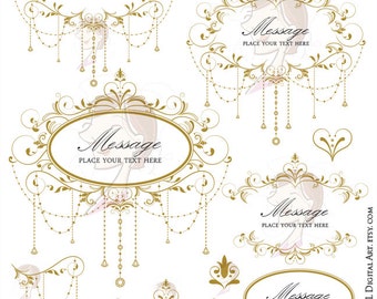 Antique Gold Wedding Clip Art Gold Garland Retro Foliage Clipart Vine Frame Chandelier Design DIY Wedding Graphics 10691