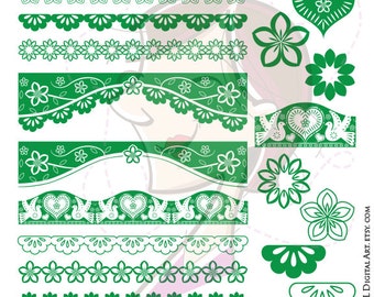 Green Papel Picado Digital Borders Cinco de Mayo Mexican Celebration Graphics Heart Flower Design Elements Bold Color Clipart Png File 10582