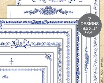 Navy Blue Borders Certificate Frames - Retro Vintage 8x11 and A4 Document Page Clipart, DIY Award 10605