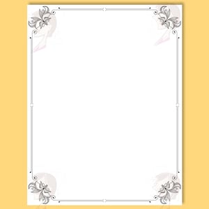 May include: A white background with a black decorative border. The border has a floral design in each corner.