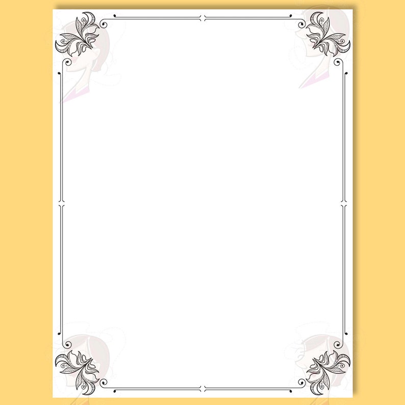 May include: A white background with a black decorative border. The border has a floral design in each corner.