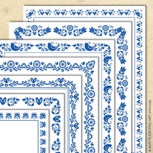 Bordi della pagina scandinavi blu, Clipart di arte popolare - Ghirlanda floreale fogliame 8x11 Cornici digitali, Design decorativo del documento nordico 10995