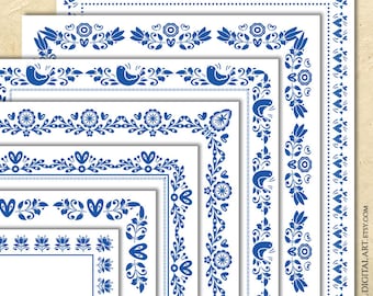 Blue Scandinavian Page Borders, Folk Art Clipart - Foliage Floral Garland 8x11 Digital Frames, Decorative Nordic Document Design 10995