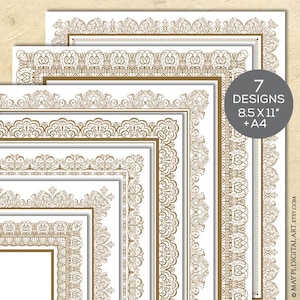 May include: Seven printable decorative frame designs in gold on a white background. The frames are in various sizes and styles, including ornate and simple. The text "7 DESIGNS 8.5 X 11" + A4" is in the upper right corner.
