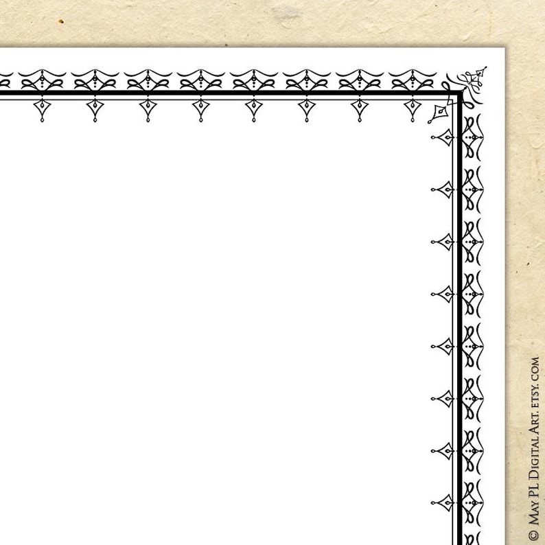 May include: Black and white decorative border with a repeating pattern of stylized swirls and diamonds. The border is suitable for use as a printable design for crafts, scrapbooking, or digital design projects.