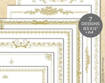 Antique Gold Frames A4 and 8x11 Page Borders Clipart - Vintage French Ornate Flourish Wedding Document Award Certificate Forms Diploma 10625