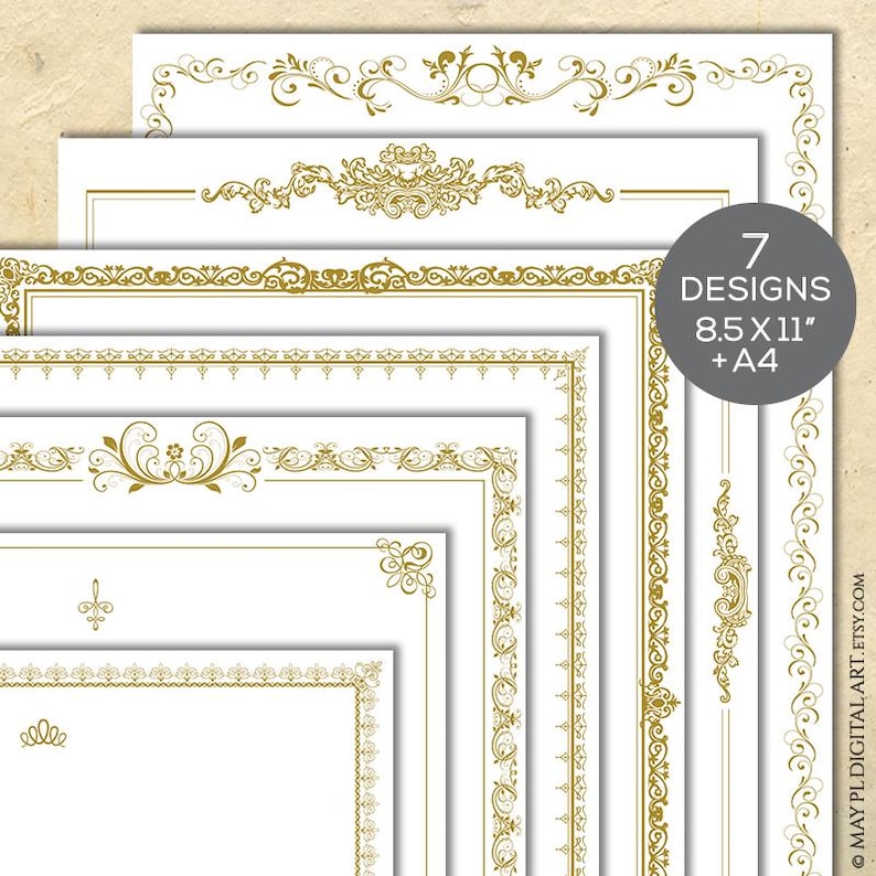 May include: Seven printable gold frame designs for 8.5 x 11 inch and A4 paper sizes. The frames feature ornate, decorative flourishes.