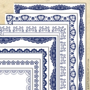 May include: Set of five blue and white decorative borders with intricate designs. The borders feature floral patterns, doves, and hearts.
