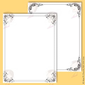 May include: Two black and white printable page borders with ornate floral designs. The borders are on a yellow background.