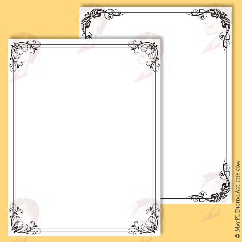 May include: Two black and white printable page borders with ornate floral designs. The borders are on a yellow background.