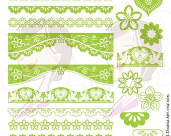 Floral Border Clipart Light Green Lime Bird Hearts Flower Festive Celebrations Design Elements Digital Vector Download Page Decoration 10648