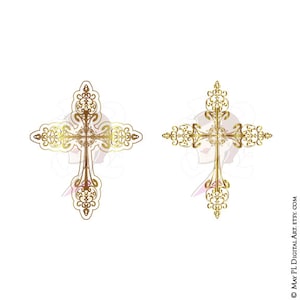 May include: Two gold ornate crosses with intricate designs. The crosses are symmetrical and have a traditional shape.