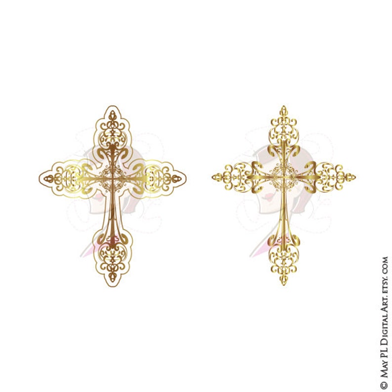 May include: Two gold ornate crosses with intricate designs. The crosses are symmetrical and have a traditional shape.
