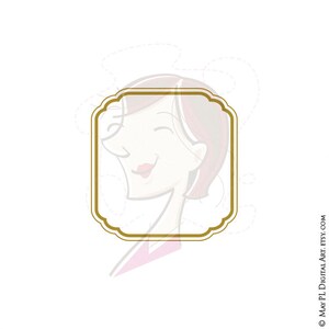 May include: A digital illustration of a woman with red hair smiling inside a gold frame.