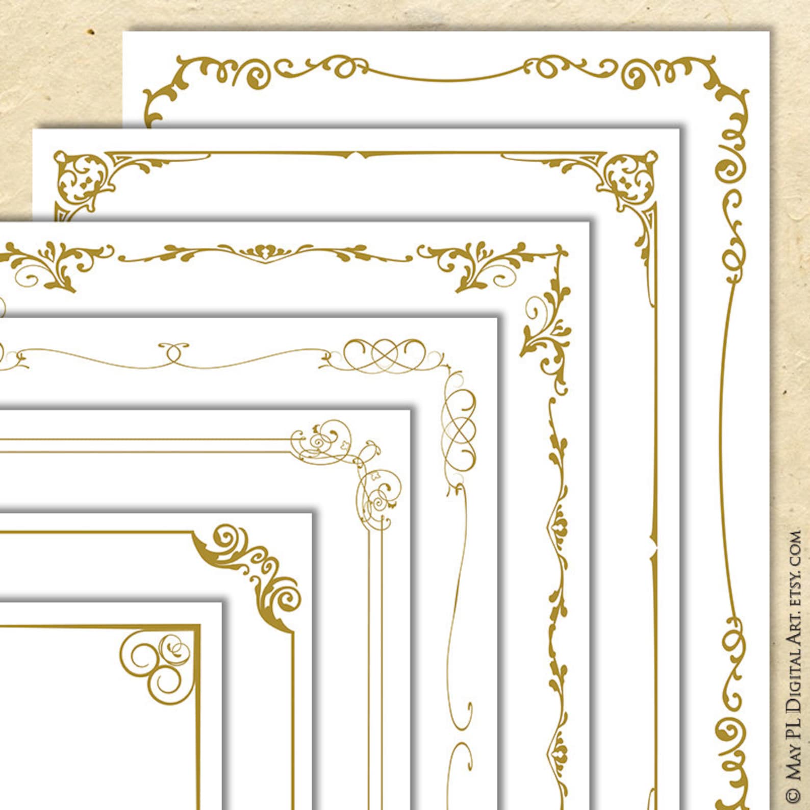 Gold Fancy Document Borders, 8x11 Page Digital Frame Vintage Designs ...
