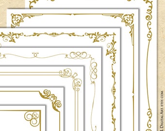 Gold Fancy Document Borders, 8x11 Page Digital Frame Vintage Designs - Curly Flourish Png Instant Download Set Of 7 Etsy Shop 10856