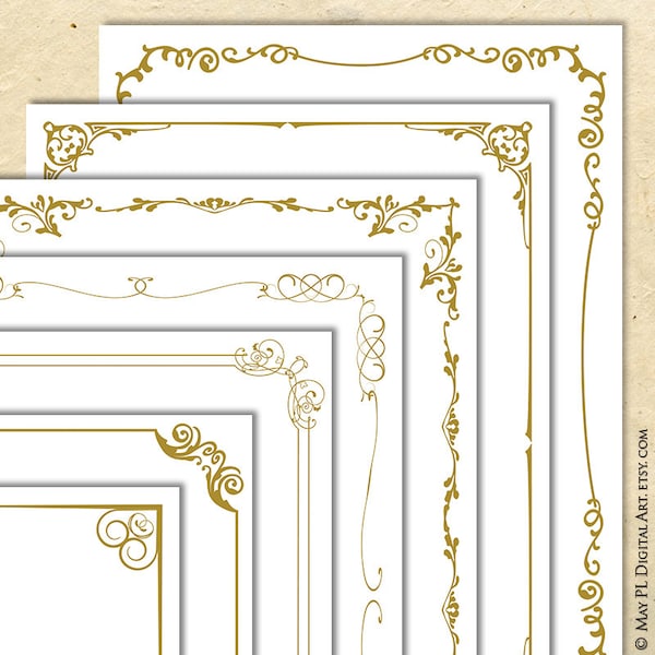 Gold Fancy Document Borders, 8x11 Page Digital Frame Vintage Designs - Curly Flourish Png Instant Download Set Of 7 Etsy Shop 10856