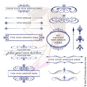 May include: A set of blue decorative elements for adding a vintage touch to your designs. The set includes ornate frames, borders, dividers, and flourishes. The text "PLEASE PLACE YOUR MESSAGE HERE", "YOU CAN PLACE YOUR MESSAGE HERE", and "TYPE YOUR MESSAGE HERE" is included in the image.