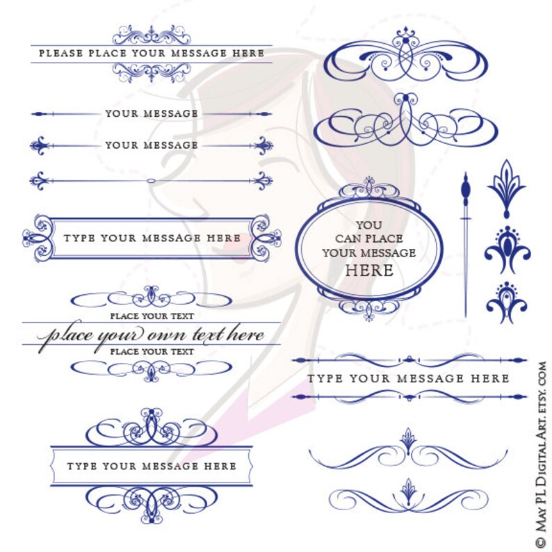 May include: A set of blue decorative elements for adding a vintage touch to your designs. The set includes ornate frames, borders, dividers, and flourishes. The text "PLEASE PLACE YOUR MESSAGE HERE", "YOU CAN PLACE YOUR MESSAGE HERE", and "TYPE YOUR MESSAGE HERE" is included in the image.