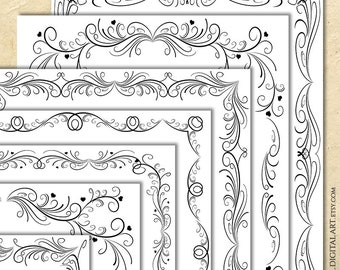 Border Fancy Black Flourish Page Frames Designs - Vintage Document, Certificate, Diploma, Decorative Elegant Wedding Invites 11045