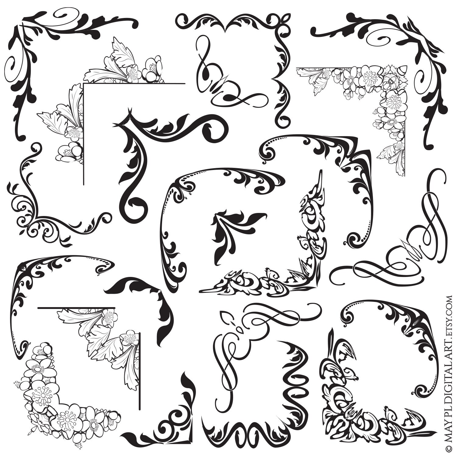 コーナー デジタル クリップアート ダウンロード、黒の派手なデザイン要素 - ヘリテージ ボーダー フローラル フラワー、ヴィンテージ装飾文書装飾  11030 - Etsy 日本, image size:1500x1500