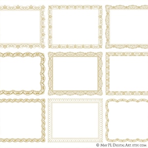 May include: Set of eight gold ornate frames with a white background. The frames are all different designs, but they all have a similar ornate style.