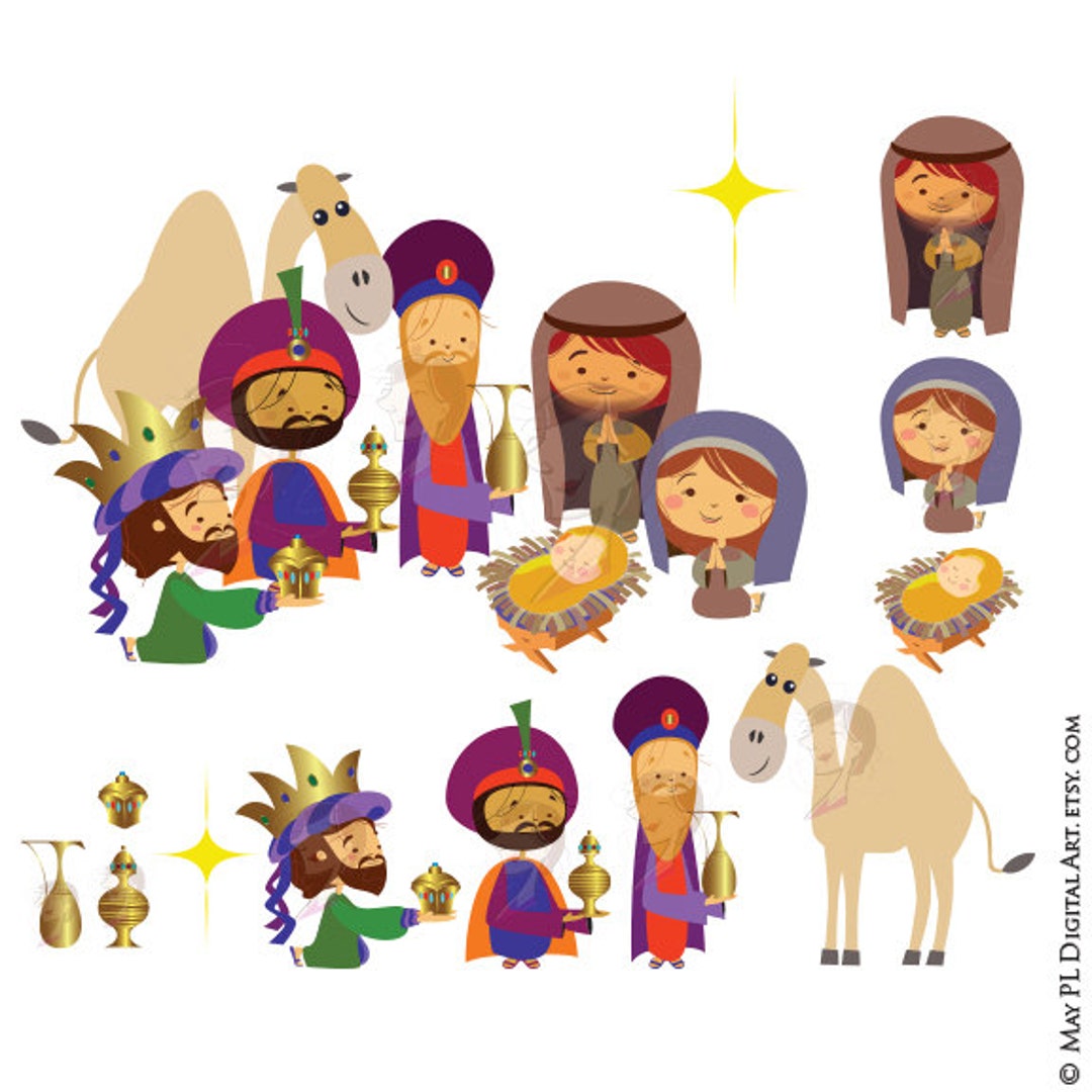 Weihnachtskrippe Clipart Szene beinhaltet Drei Weisen, Maria, Joseph