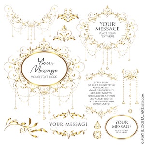 Gold Vintage Blümchen Blatt Rahmen, Kronleuchter Clipart - Digital Laub DIY Elegante Hochzeit Logo Einladungen Business Design Elements 10931