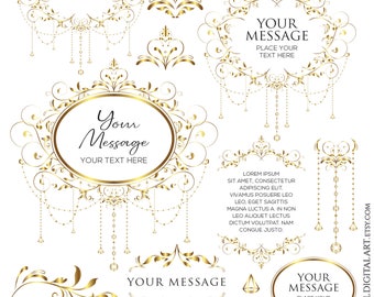 Gold Vintage Flourish Leaf Frames, Chandelier Clipart - Digital Foliage DIY Elegant Wedding Logo Invitations Business Design Elements 10931