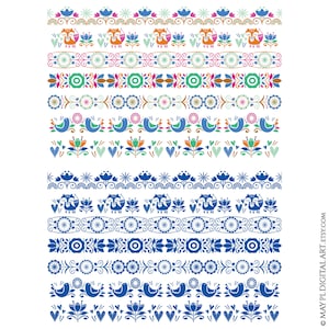 Cornici per bordi di arte popolare scandinava - Elementi di design Clipart digitale, ornamenti a vortice fiorito, download immediato di fiori vettoriali PNG 10923