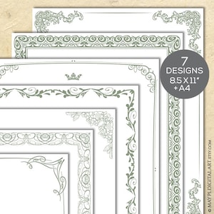 Puede incluir: Una colección de siete diseños de papel blanco con bordes verdes decorativos. Los diseños incluyen patrones florales y de volutas. La imagen incluye un gráfico circular que dice "7 Designs 8.5 x 11" + A4".