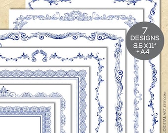 Gift Certificate Blue Wedding Borders Frames Clipart - Vintage Look 8.5x11 Page great as Award Printable COMMERCIAL USE 10783