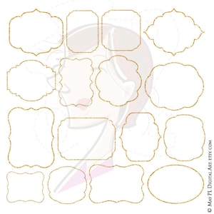 May include: Set of 12 gold glitter frames with various shapes and sizes. The frames are perfect for adding a touch of sparkle to any project.